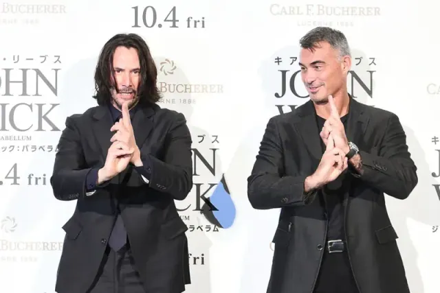 Reeves and Stahelski posing at a promotional event for John Wick