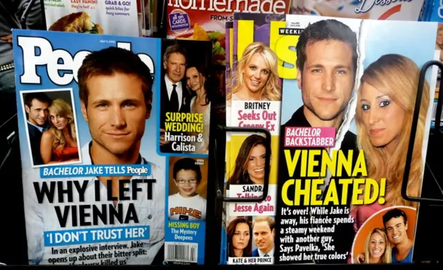 Celebrity magazines displayed in an archive photograph.