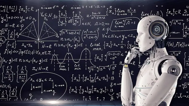 Illustrative robot figure in front of mathematical writing.