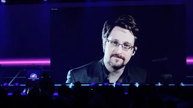 Edward Snowden speaking at an event