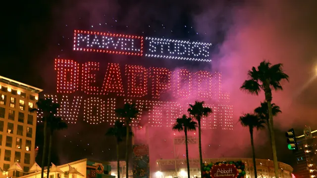 A nighttime Deadpool promotional light display
