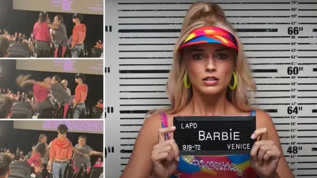 Archive composite of cinema-incident frames beside fictional Barbie film booking imagery.