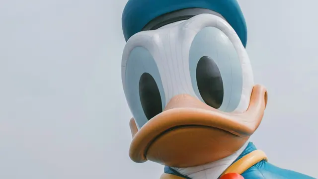 A Donald Duck character costume; illustrative Disney photograph.