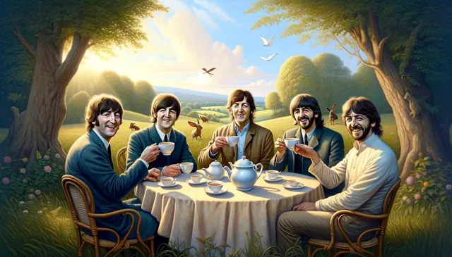 AI-generated illustration of five Beatles-like figures drinking tea