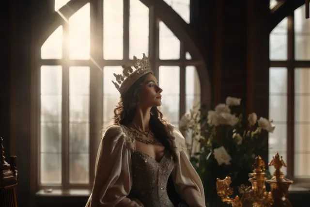 Illustrative bridal image of a woman wearing an ornate headdress in a sunlit interior.