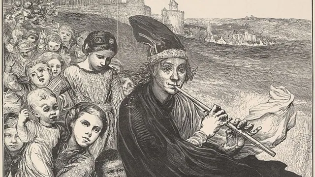 An illustrated historical procession led by a piper