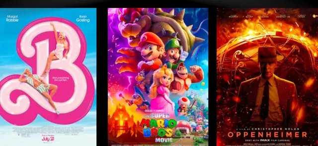 Artwork for Barbie, The Super Mario Bros. Movie and Oppenheimer