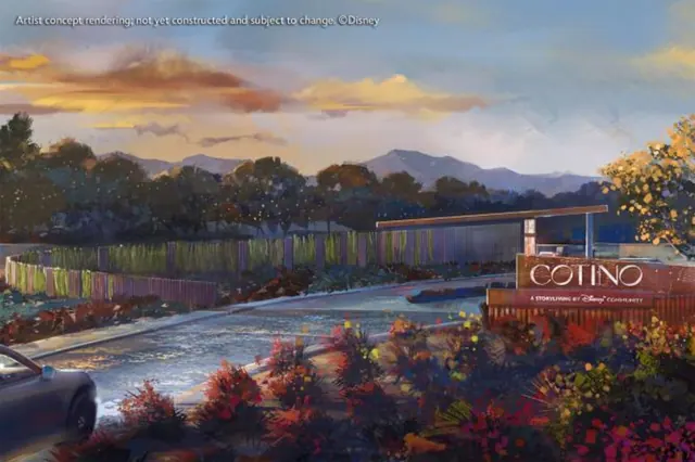Disney concept illustration of the Cotino development at dusk.