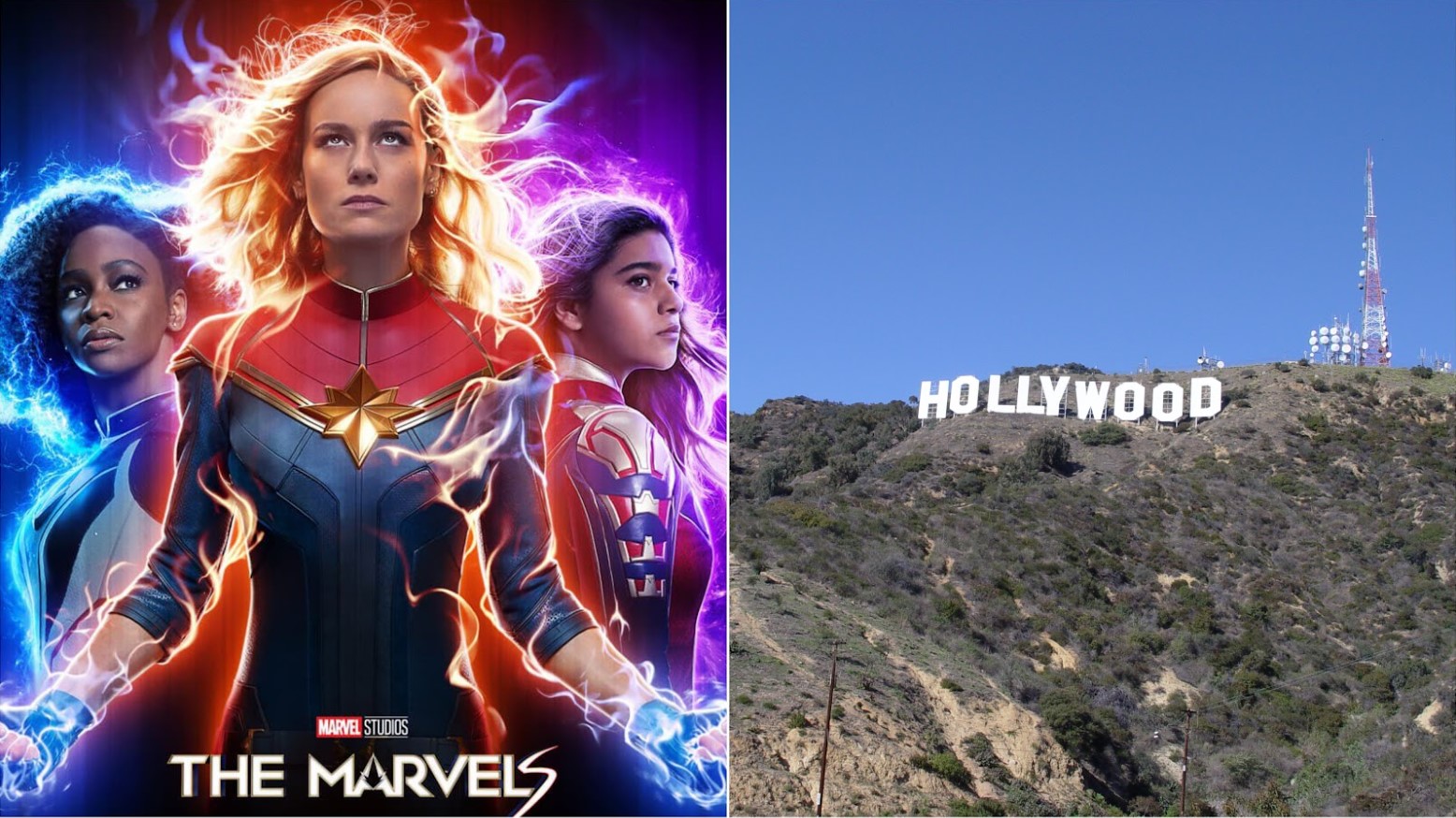 A collage combining a The Marvels poster and the Hollywood sign