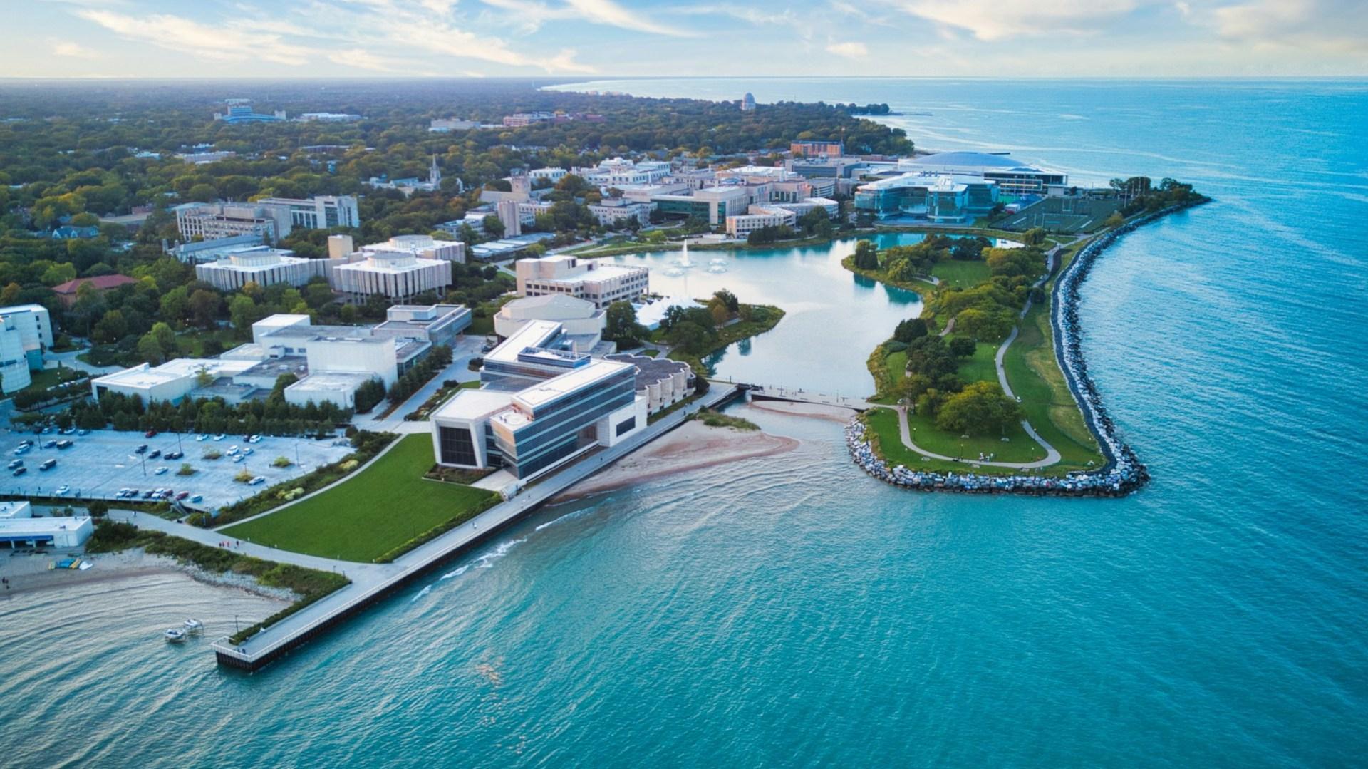 An aerial view of a campus beside water; not identified as UArts.