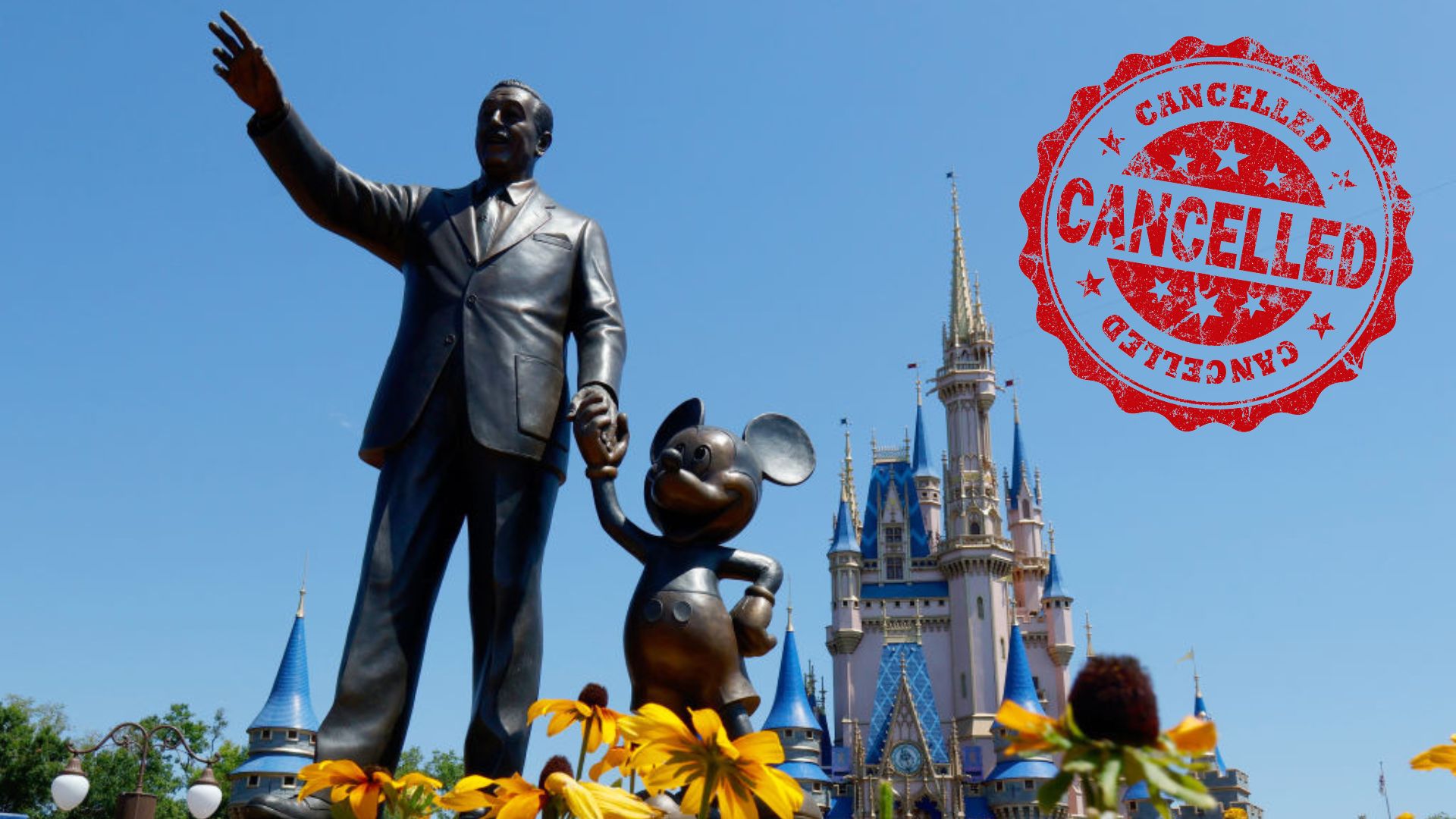 Archive composite showing a Disney statue and a cancelled stamp; the stamp is commentary, not a verified company announcement.
