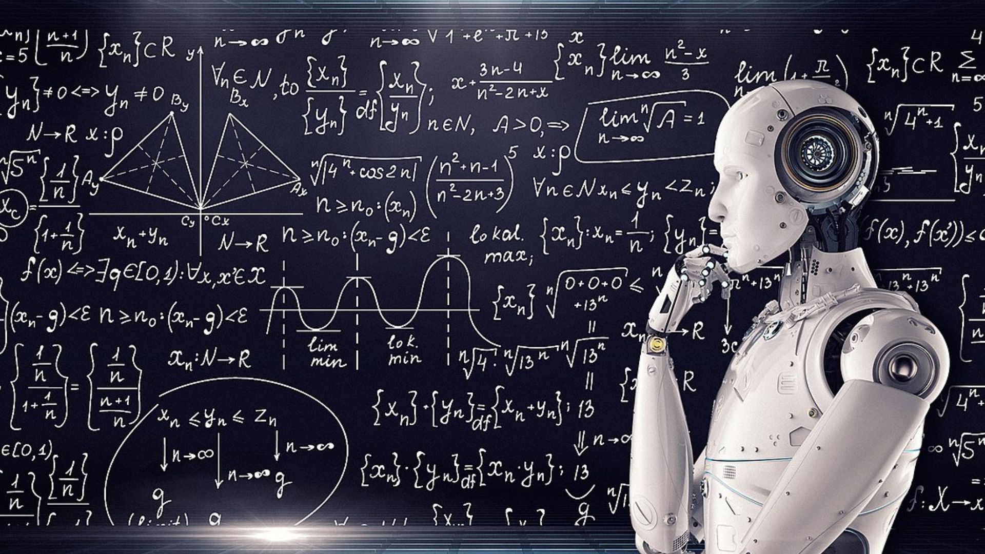 Illustrative robot figure in front of mathematical writing.