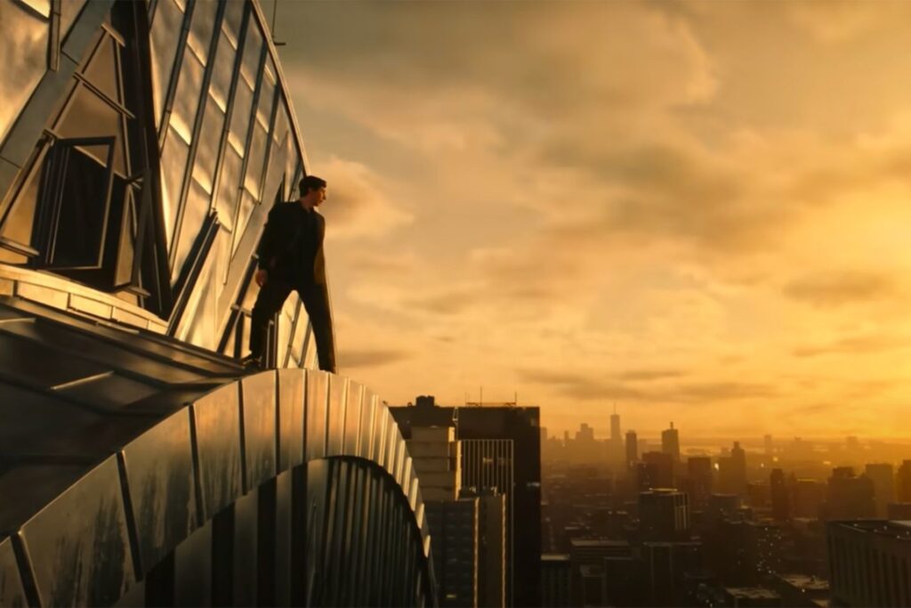 A figure standing on a building above a city in Megalopolis