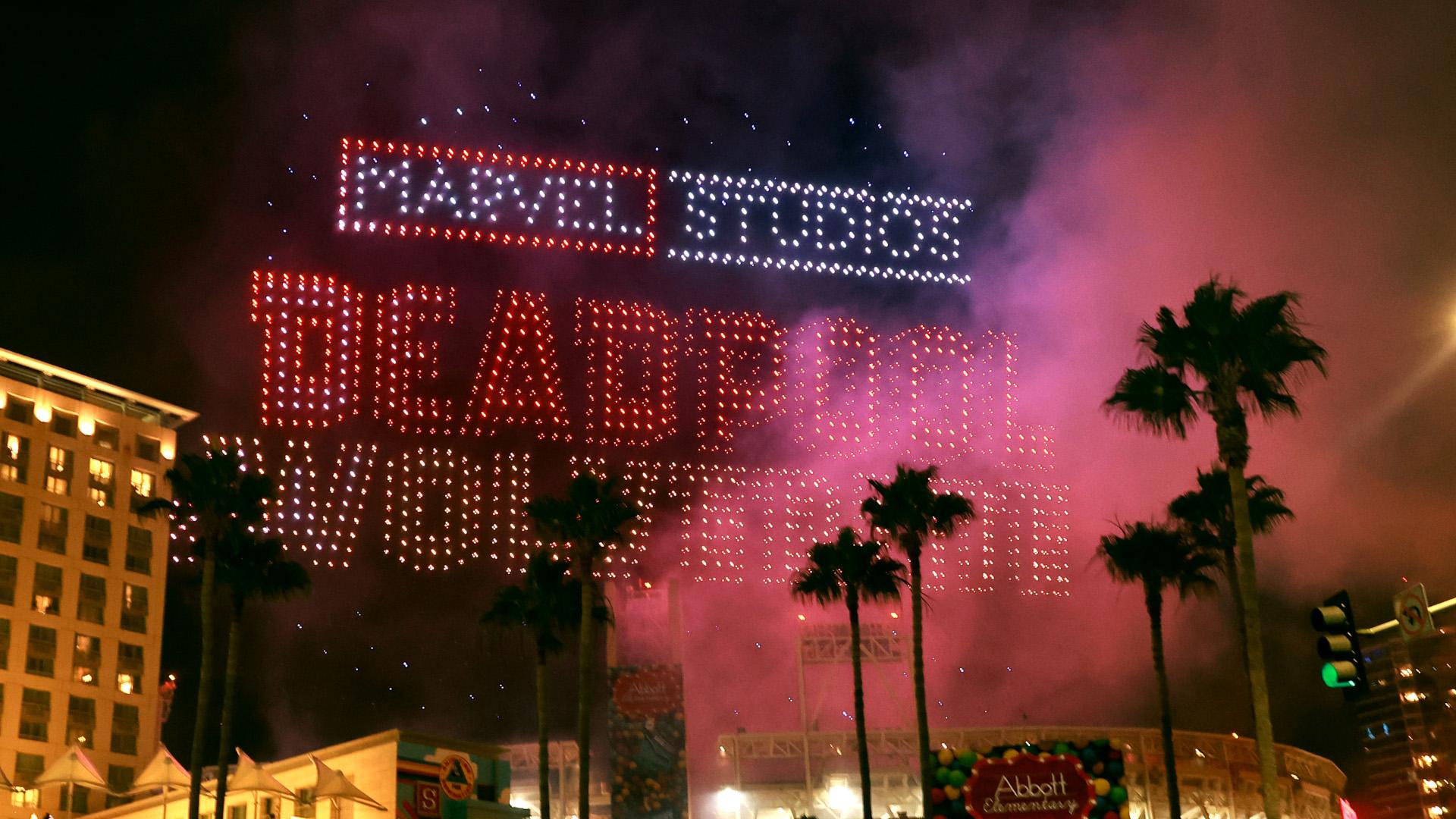 A nighttime Deadpool promotional light display