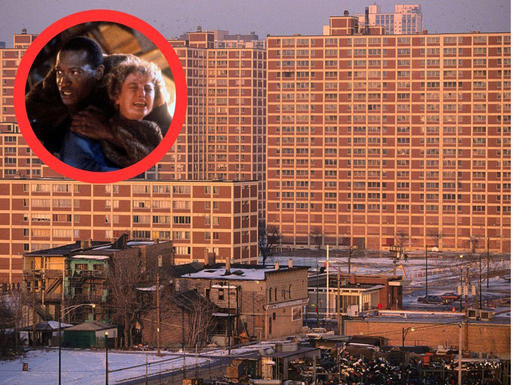 Cabrini-Green buildings with an inset image from Candyman