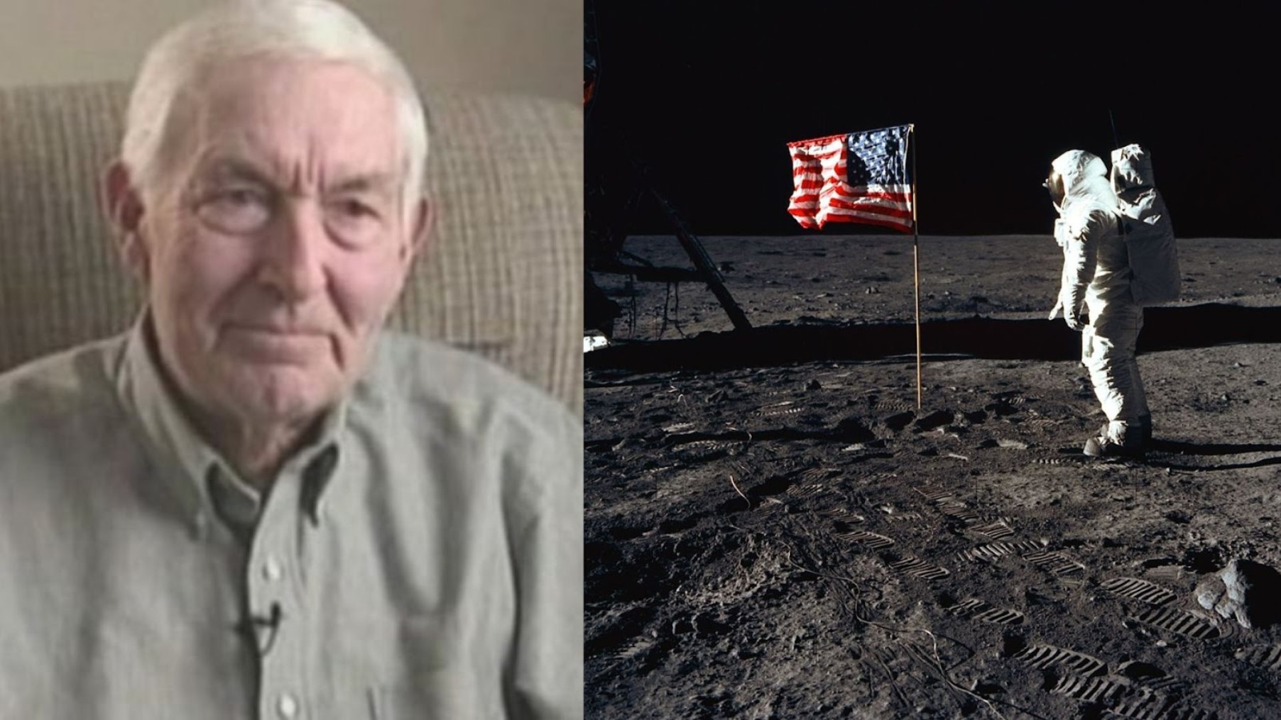 Archive composite of a commentator and an Apollo lunar-surface photograph.