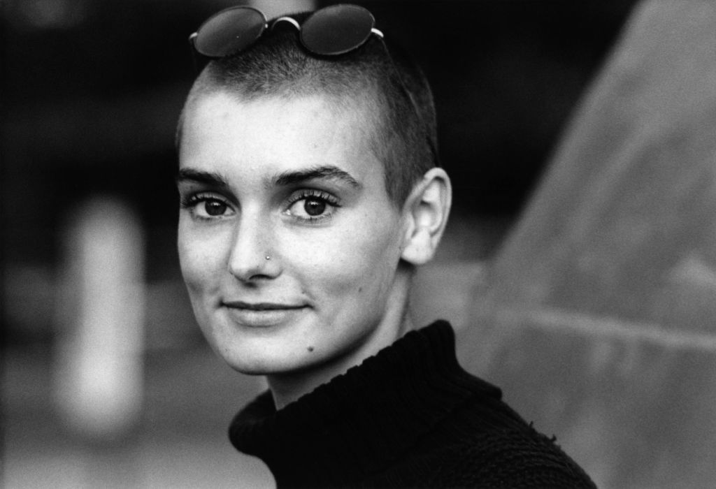 Archival black-and-white portrait of Sinéad O’Connor