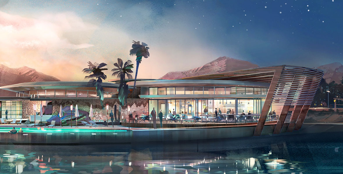 Disney concept illustration of a waterfront clubhouse at dusk.