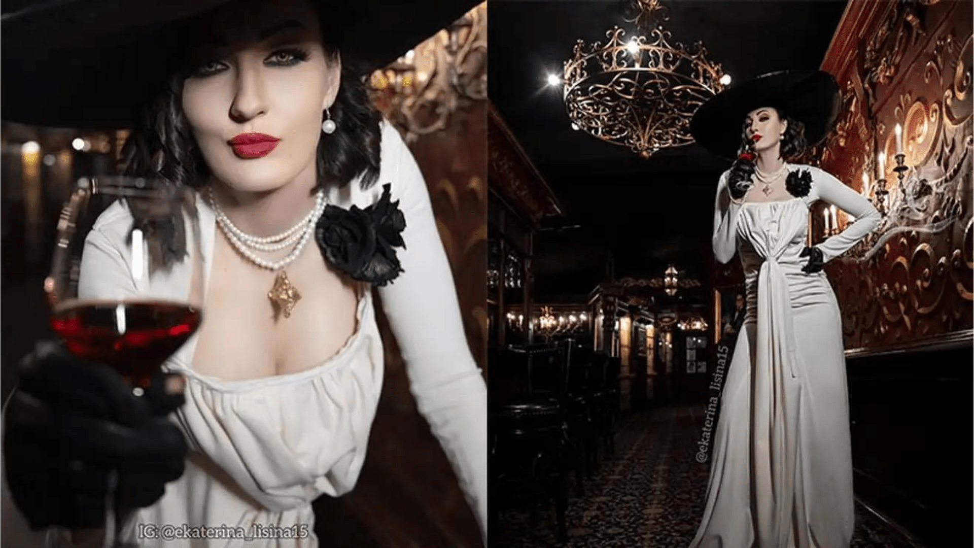 Lisina styled as Lady Dimitrescu in a cosplay photograph.
